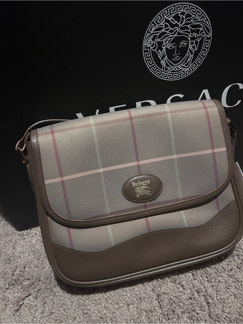 Burberry Plaid Crossbody Bag in Taupe and Pink Accents